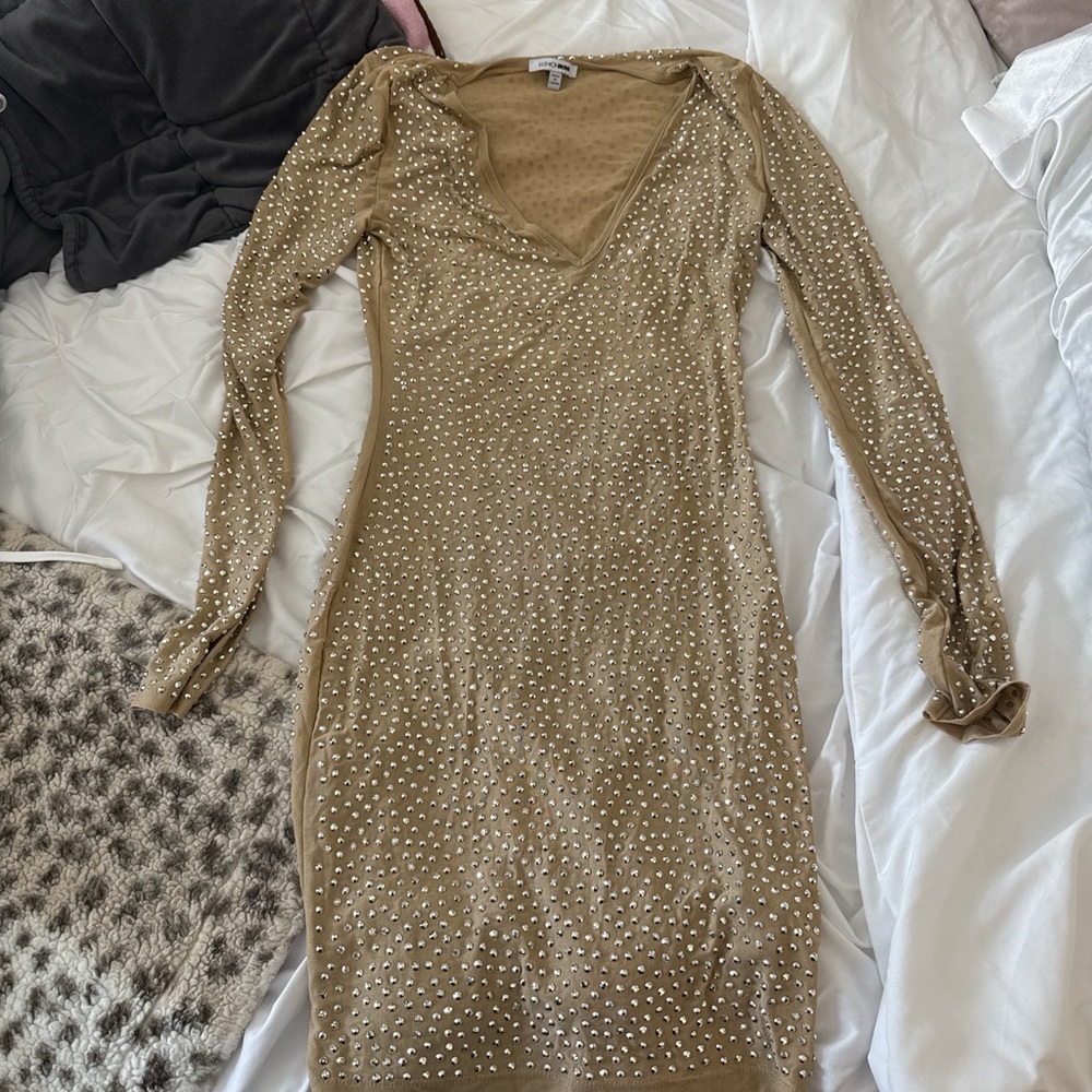 Fashion Nova Gold Long Sleeve Dress